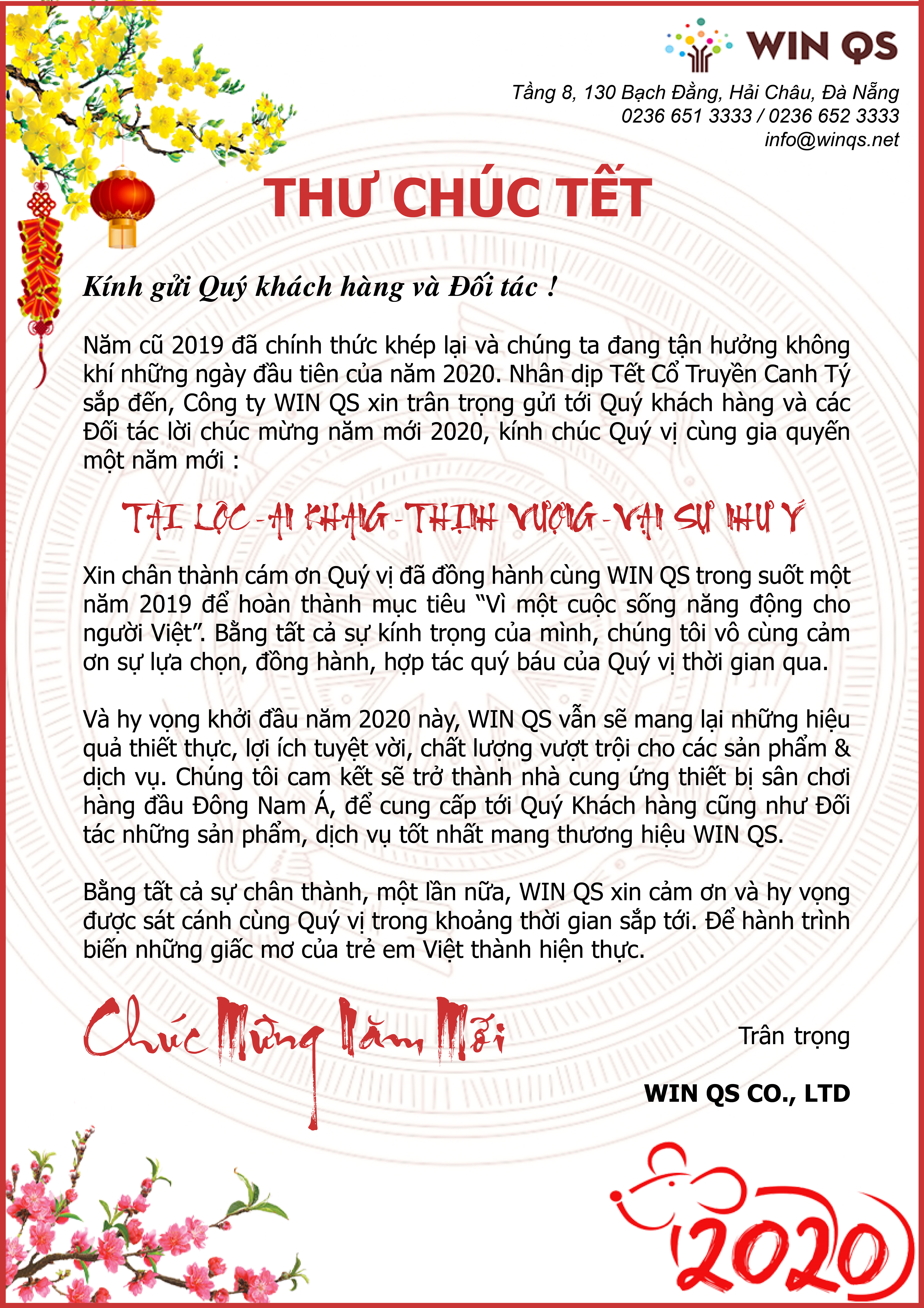THƯ CHÚC TẾT KHÁCH HÀNG DỊP TẾT NGUYÊN ĐÁN 2020